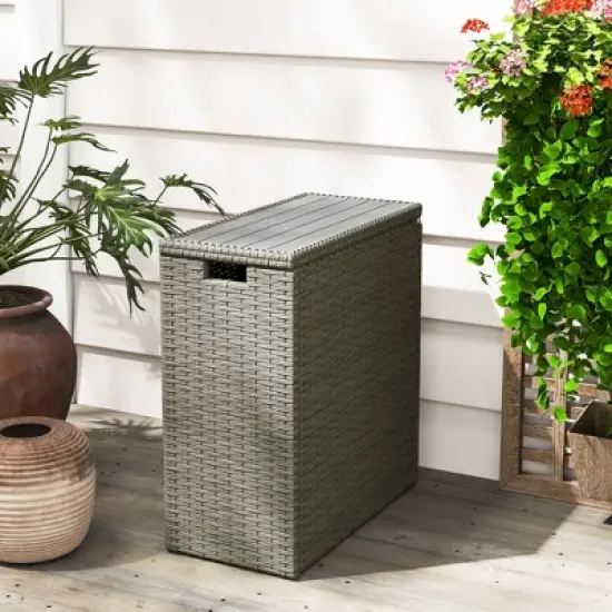Outsunny 17-Gallon Small Deck Box, UV Resistant Wicker Outdoor Storage Box with Slatted Acacia Wood Top for Patio Cushions and Garden Tools, Gray image {4}
