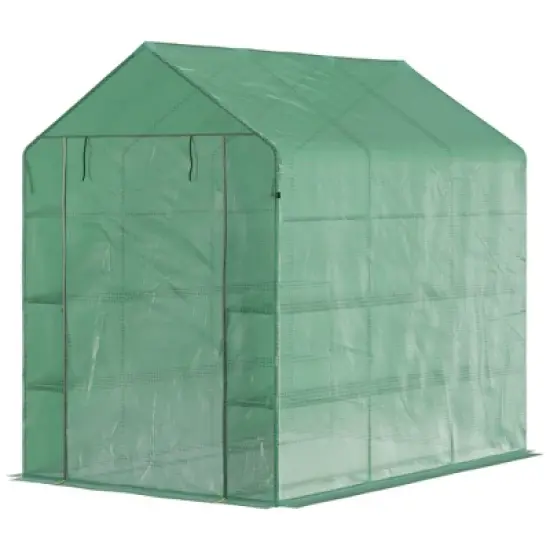 Outsunny 84.25" x 56.25" x 76.75" Walk-in Greenhouse, 3-Tier Shelves, Steel Frame Hot house, Roll-Up Zipper Door for Flowers, Vegetables, Green image {3}