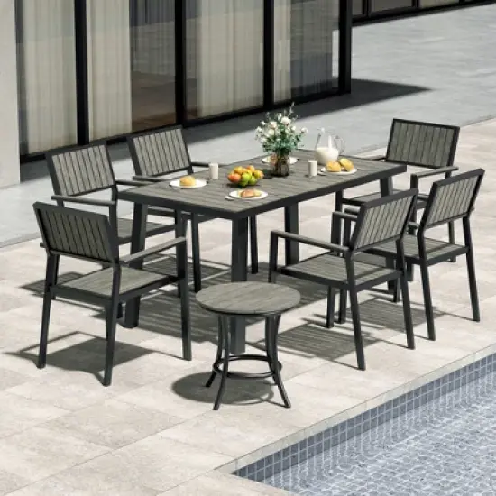Pamapic 8-Piece Aluminum Outdoor Patio Dining Set with Rectangle Table, Small Side Table and 6-Stackable Chairs image {9}