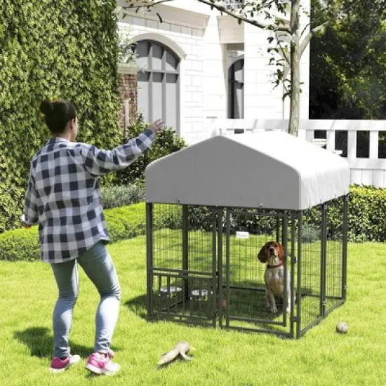 PawHut Outdoor Dog Kennel, Welded Wire Dog Run with 360&deg; Rotating & 4 Levels Adjustable Bowls, Waterproof & UV Resistant Cover, 3.9' x 3.9' x 4.5' image {1}