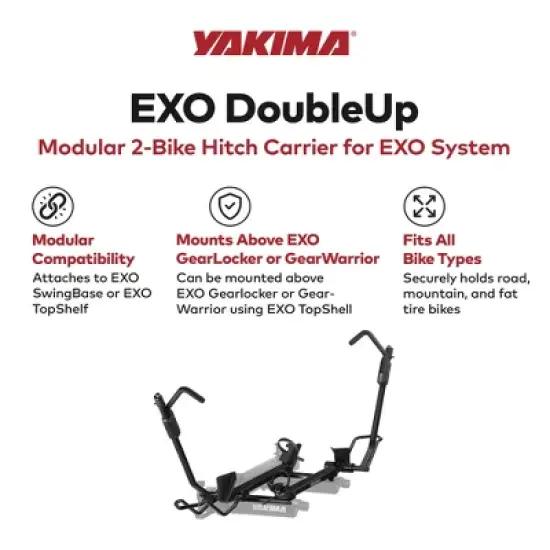 Yakima EXO DoubleUp 2 Bike Capacity Hitch Bike Rack with StrongArm Design, SpeedKnobs, and SKS Lock for EXO SwingBase or EXO TopShelf, Black image {2}