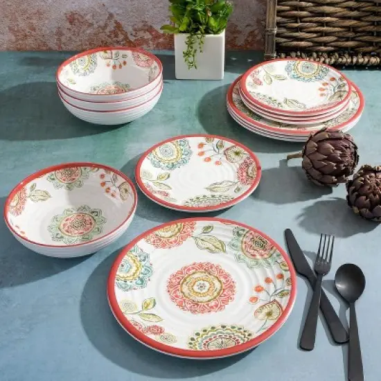Laurie Gates Brick Floral Ripple 12 Piece Melamine Dinnerware Set in Red image {2}