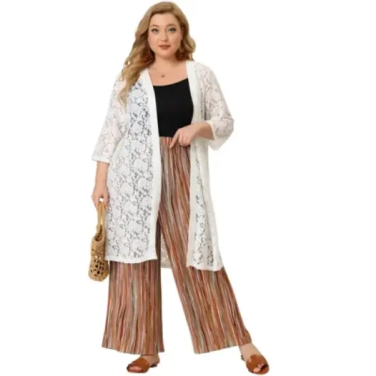 Agnes Orinda Women's Plus Size Boho Palazzo Lounge Wide Leg Pants with Elastic Waist and Stripe image {2}