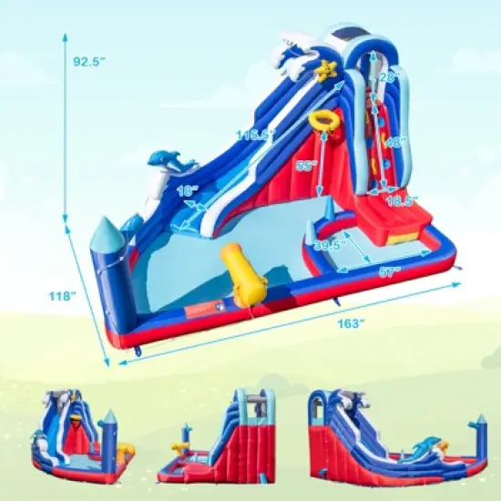 Tangkula Inflatable Water Slide Park Dolphin Theme Kids Bounce House w/ Long Slide 2 Splash Pools Climbing Wall (Without Blower) image {8}