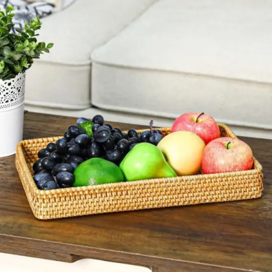 BRINJOY Rectangular Woven Storage Basket - 14.6x9 inch Handwoven Rattan Tray for Kitchen, Dining Table Decor & Organization image {3}