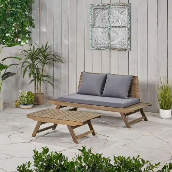 Christopher Knight Home Sedona Outdoor Acacia Wood Loveseat and Coffee Table Set with Cushion image {2}