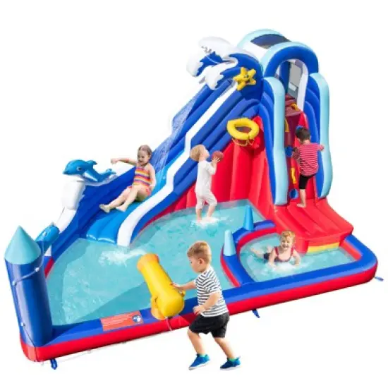 Tangkula Inflatable Water Slide Park Dolphin Theme Kids Bounce House w/ Long Slide 2 Splash Pools Climbing Wall (Without Blower) image {10}
