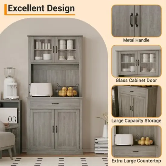 70.9" Tall Kitchen Pantry Cabinet, Wood Cupboard Storage Cabinet with Microwave Stand, Freestanding Hutch Cabinet, Coffee Bar Cabinet image {4}