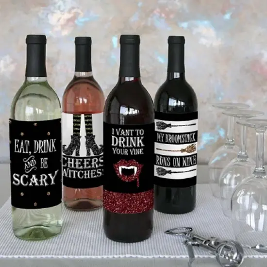 Big Dot of Happiness Spooktacular - Eat, Drink and Be Scary Halloween Party Decorations for Women and Men - Wine Bottle Label Stickers - Set of 4 image {7}