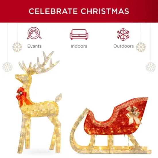 Best Choice Products Lighted Christmas 4ft Reindeer & Sleigh Outdoor Yard Decoration Set w/ 205 LED Lights, Stakes image {2}