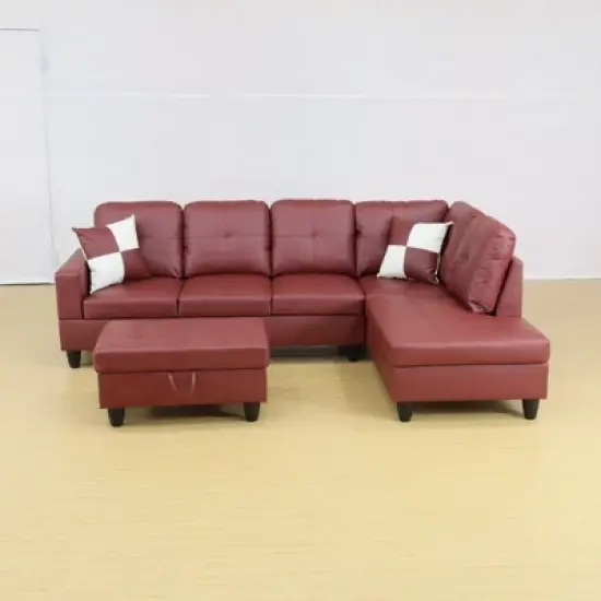 Elegant Red Semi-PU Leather Sectional Sofa - L-Shaped Design, Plush Cushions, Storage Ottoman, Modern Living Room Furniture image {1}