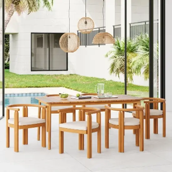 Christopher Knight Home Mordak Rustic 7 Piece Patio Acacia Wood Dining Set with Cushions image {13}