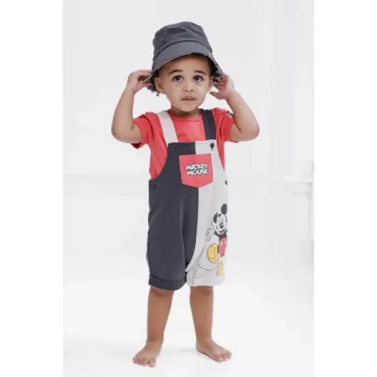 Disney Mickey Mouse Baby French Terry Short Overalls T-Shirt and Hat 3 Piece Outfit Set Newborn to Infant image {1}