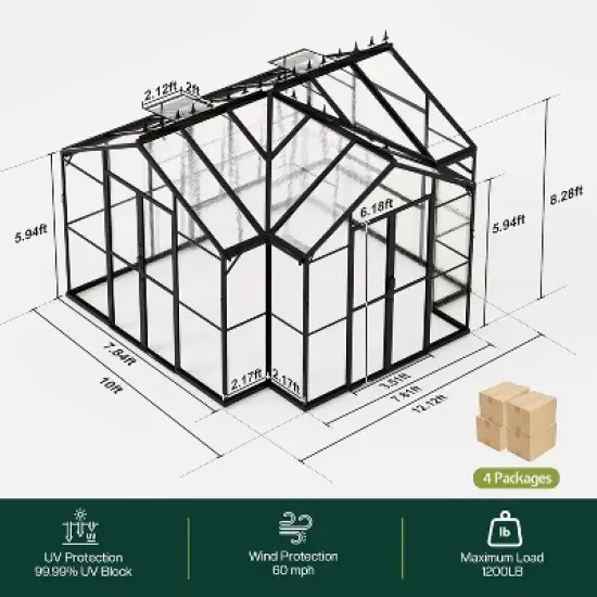 AMERLIFE 12x10x8 FT Greenhouse with Quick-Connect Frame, 2 Vents, Swing Doors, Walk-in, Black image {4}