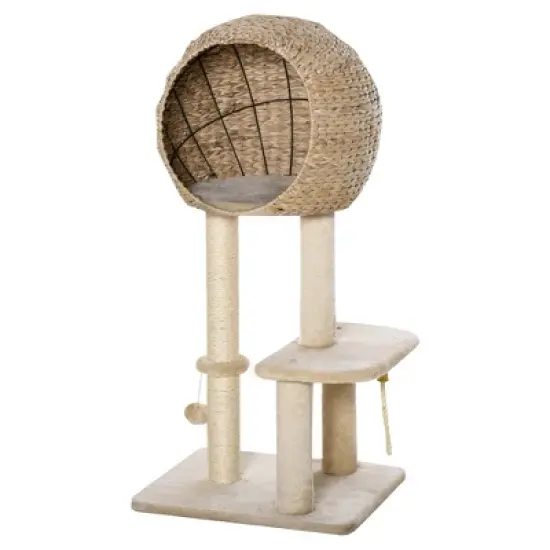 PawHut Cat Tree with Sisal Scratching Post Condo and Hanging Rope 44.5" H, Beige image {3}