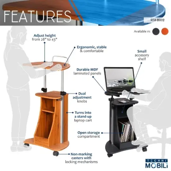 Sit To Stand Rolling Adjustable Height Laptop Cart with Storage Graphite - Techni Mobili image {4}