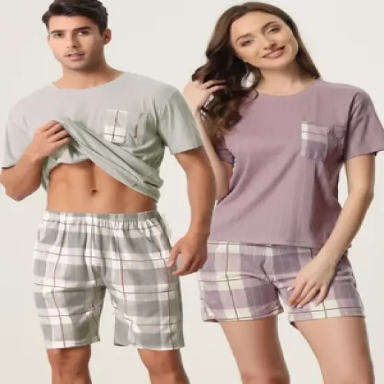 cheibear Women's Sleepwear Short Sleeve T-Shirt with Shorts Plaid Couple Pajama Sets image {1}