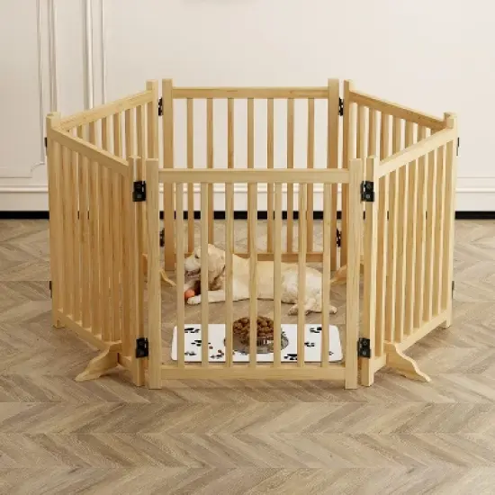 Hrinhom 6 Panel Dog Fences,Wooden Freestanding Dog Gates, Pet Gate image {14}