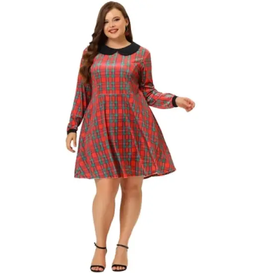 Agnes Orinda Women's Plus Size Long Sleeves Velvet Peter Pan Collar Plaid Dresses image {2}
