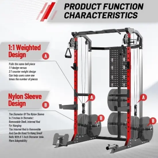 Power Cage Home Rack, 2000LB Squat Rack, Dual Pulley Cable Crossover System,Multi-Function Free Weight Gym Workout Machine with Bench Attachments Red image {5}