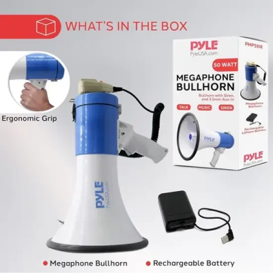 Pyle Megaphone PA Speaker with Rechargeable Battery, Siren Mode, Handheld Microphone & AUX Input &ndash; PMP59IR image {6}
