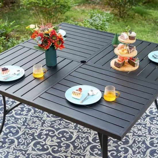 Captiva Designs 9pc Outdoor Slat-top Square Metal Dining Table and Thick Cushion Fixed Wicker Chairs image {4}