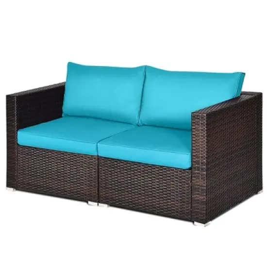 Tangkula 2PCS Rattan Corner Sofa Set Patio Outdoor Furniture Set w/ 4 Blue Cushions image {9}