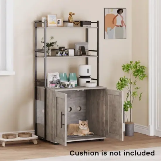 Cat Litter Box Enclosure, 2-in-1 Cat Litter Box Furniture Hidden with 2 Tier Storage Shelves and Doors, Wooden Cat Washroom Furniture image {6}