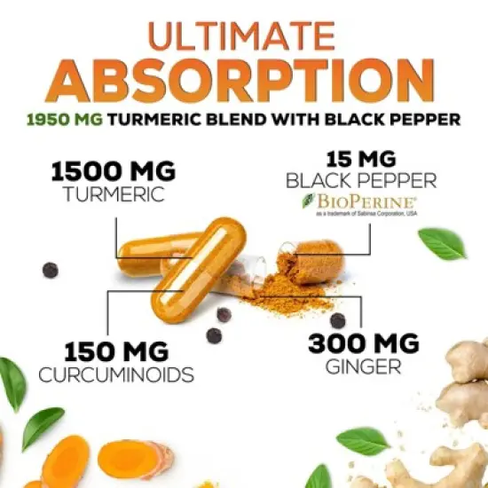 Turmeric Curcumin Supplement 1950mg Organic Turmeric with Ginger, 95% Curcuminoids, BioPerine Black Pepper, 180 Capsules By Nature's Nutrition image {5}