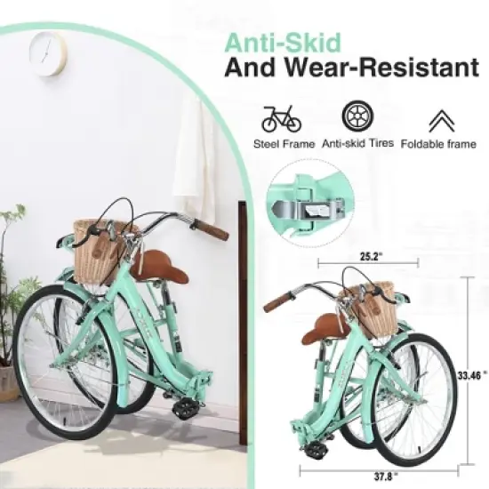NAYSAYE 26 Inch Single Speed Folding Lady Bike Durable Steel Frame for Easy Storage and Commuting, Green, 66.93"*25.2"*40.95" image {2}