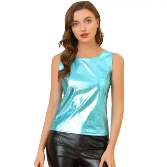 Allegra K Women's U Neck Stretchy Slim Fit Shiny Sparkly Metallic Tank Top image {18}