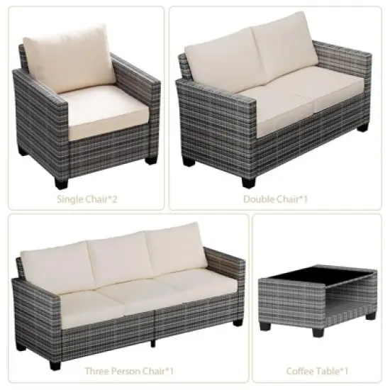 5-Piece Outdoor Patio Furniture Set with 7-Seating Capacity - All-Weather Wicker Sectional Sofa with Tempered Glass Coffee Table & Premium Cushions - image {3}