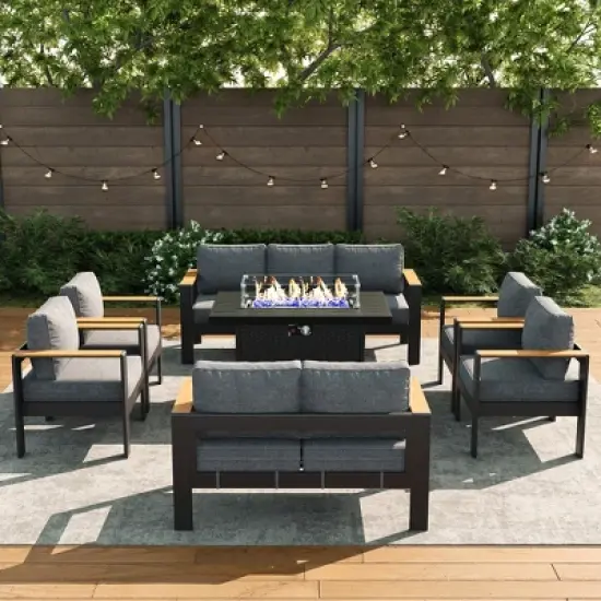 LayinSun 7 Pieces Aluminum Outdoor Patio Furniture Set with Fire Pit Table, Outside Metal Patio Conversation Sets with Deep Seating and Thick Cushions image {1}