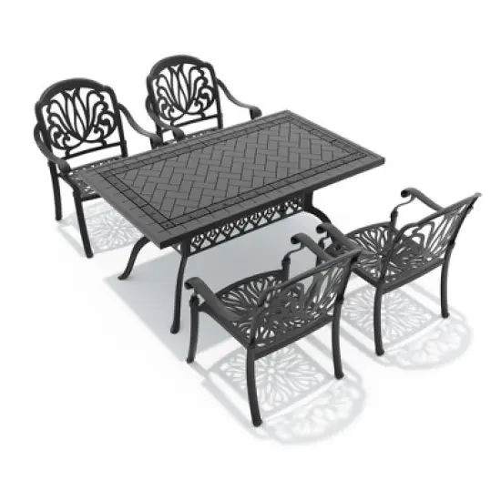 5-Piece Cast Aluminum Outdoor Dining Set: Rectangle Table, 4 Stackable Chairs & Brown Cushions - All-Weather Patio Furniture for Your Backyard image {2}