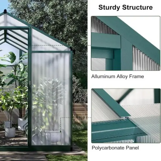 GustoWave  Walk-In Aluminum Polycarbonate Greenhouse With Roof Vent, For Outdoor Gardens, Patios, And Backyards，Green. image {4}
