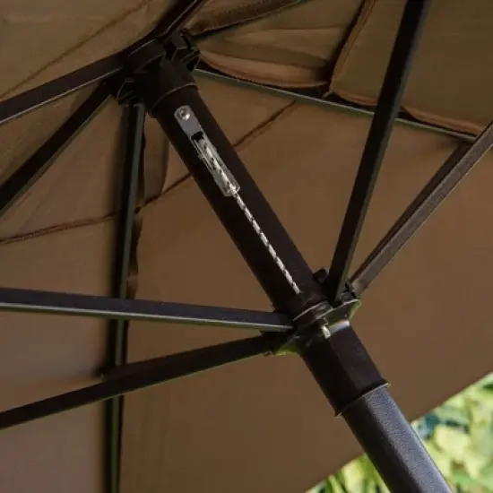 Outsunny 4 Piece Patio Bar Set for 2 with 6' Adjustable Tilt Umbrella, Outdoor Bistro Set with Folding Chairs & Glass Round Dining Table image {5}