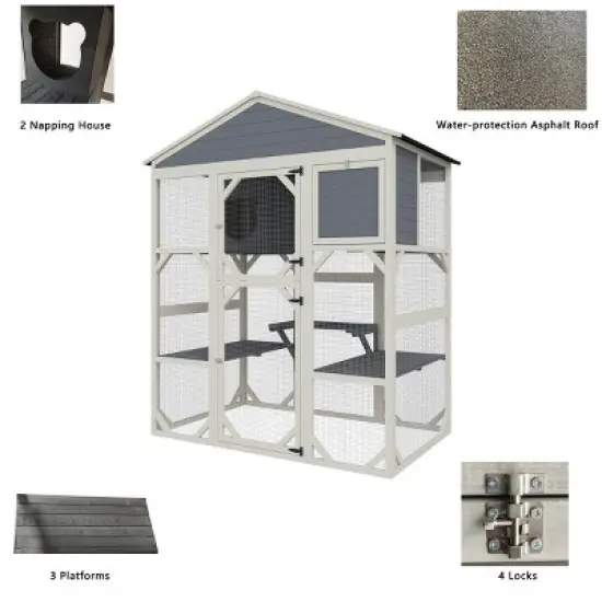 71" Wooden Outdoor Catio,Large Cat Enclosure with Waterproof Roof,3 Platforms And 2 Cozy Napping Houses-Maison Boucle image {6}