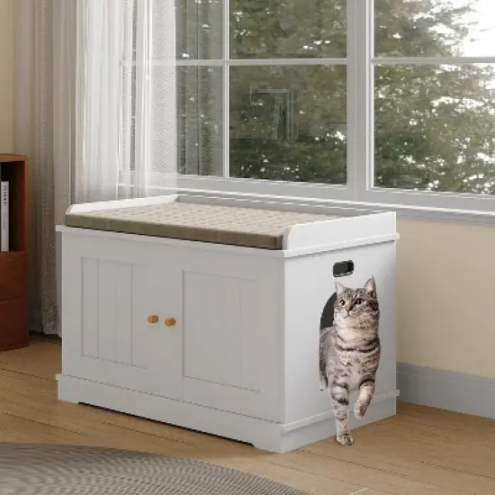 2 in 1 Cat Litter Box Enclosure, Wooden Cat Washroom Furniture with Barn Door, Hidden Litter Box Cover, Dog Proof Feline Litter Box, Kitty House image {8}