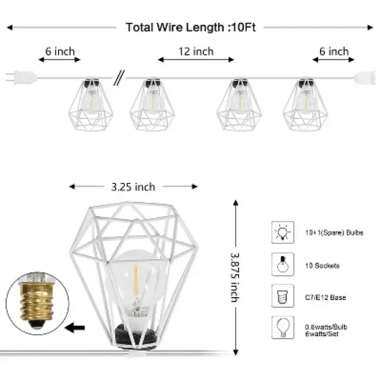 JONATHAN Y 10-Light Indoor/Outdoor 10 ft. Contemporary Transitional Incandescent G40 Diamond Cage String Lights image {3}