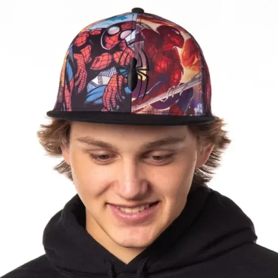Marvel Comics Spiderman Allover Sublimated Scenes Design Adult Adjustable Snapback Hat Baseball Cap OSFM Multicolored image {2}