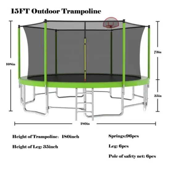 QingMoon 15FT Round Outdoor Backyard Trampoline With UV Safe Trampoline Enclosure Net,Basketball Hoop,Net,Basketball,Pump,Fun For Children image {1}