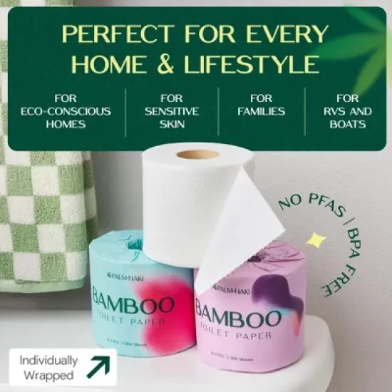 Palm Naki Bamboo Toilet Paper 3-Ply, Mega Rolls 360 Sheets/Roll, Strong & Gentle, Tree-Free Septic-Safe image {3}