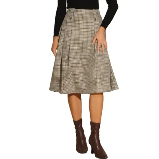 Allegra K Women's Vintage Plaid High Waist Pleated A-Line Midi Skirt image {6}