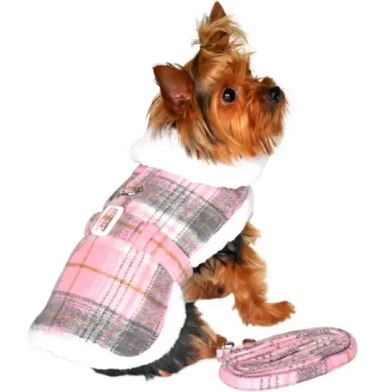 Doggie Design Fleece-Lined Dog Harness Coat - Pink & White Plaid image {3}