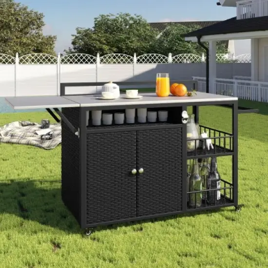 Outdoor Grill Cart with Foldable Side Tabletop, Storage Cabinet, Bottle Opener, Spice Racks, BBQ Prep Station for Backyard Cooking-Maison Boucle image {7}