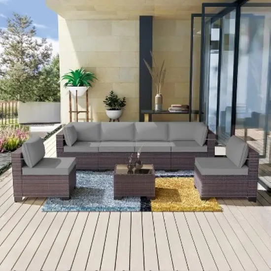 ALAULM Patio Furniture 7 Pieces Outdoor Sectional PE Rattan Sofa Set Brown Manual Wicker Patio Conversation Set image {10}
