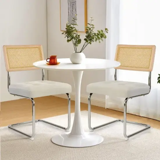 Set of 2 Kylie 20.5" Wider Flannel Upholstered Tufted Seat With Metal Chrome Legs and Woven Rattan Backrest Dining Chairs - The Pop Maison image {11}