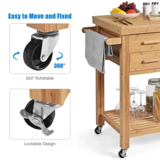 Costway Bamboo Kitchen Trolley Cart Wood Rolling Island w/ Tower Rack & Drawers image {9}