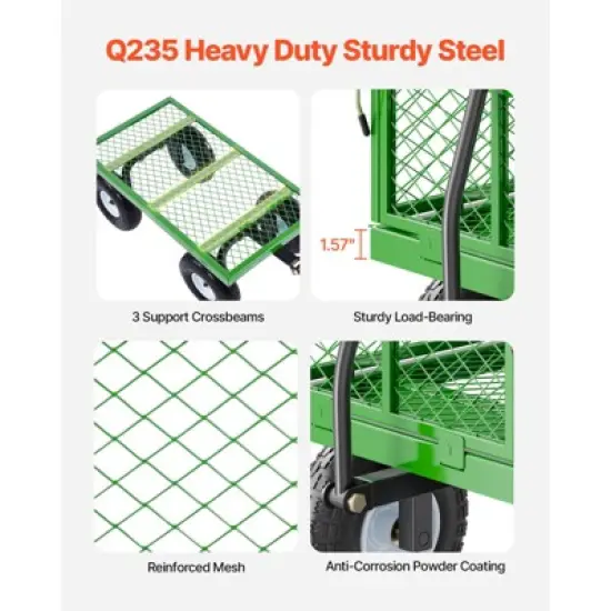 VEVOR 680 Lbs Steel Garden Cart on Wheels, Heavy Duty Garden Wagon Cart Pullable, Metal Outdoor Utility Yard Wagon Carts, Green image {4}