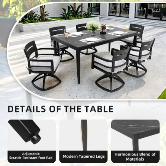 7-Piece Outdoor Dining Set, 6 Swivel Rockers and Marble-Look Sintered Stone Top Dining Table, Aluminum Chairs with Foam Cushions-Coolbibila image {2}